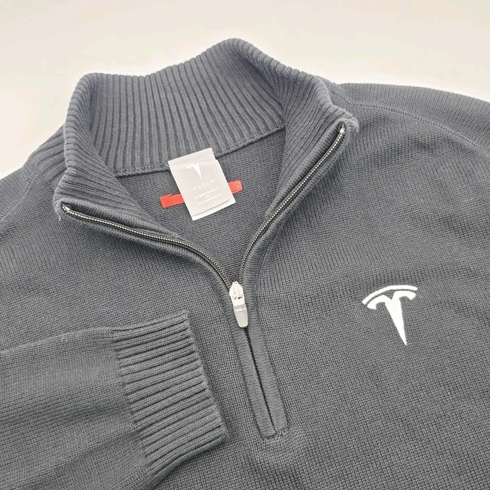 Tesla Men's Size L Black Embroidered Logo Knit 1/4 Zip Mockneck Pullover Sweater